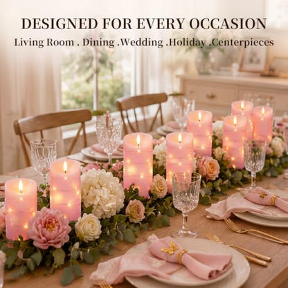 Homemory Flameless Candles with String Lights, 2 Pack Embedded Fairy String Lights LED Candles, Electric Flickering Candles with Remote Control and Timer, Real Wax, Pink - color: Pink, 2Pack
