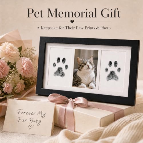 Pet Memorial Wooden Photo Frame, No-Mess Paw Print Ink Pad Kit for Dog and Cat, Pet Loss Sympathy Keepsake, Cherish Memory of Furry Family Member（ Black） - color: Black