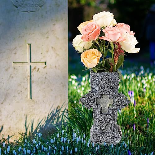 HUYIENO Solar Cemetery Vase with LED for Fresh/Artificial Flowers Grave Flower Cross Vase Headstones Vases with Spikes Gravestone Decor Memorial Gifts for Loss of Loved One - style: Large Cross