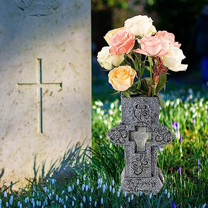 HUYIENO Solar Cemetery Vase with LED for Fresh/Artificial Flowers Grave Flower Cross Vase Headstones Vases with Spikes Gravestone Decor Memorial Gifts for Loss of Loved One - style: Large Cross