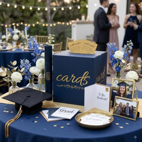 Navy Blue and Gold Card Box for Party Graduation Baby Bridal Shower Birthday Funeral 7.8 x 7.8 x 7.8 In Gift Card Holder Wedding Card Boxes for Reception Raffle Voting Ballot Box with Slot - color: BlueGoldF
