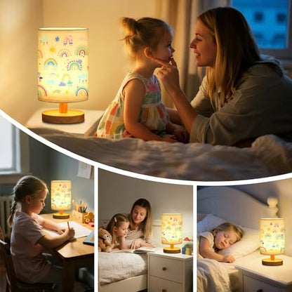 WSYEAR Rainbow Kids Table Lamp for Bedroom Kids Bedside Lamp with Linen Wooden Nightstand Cartoon Nursery Lampshade for Girls Boys Living Room - color: Rainbow