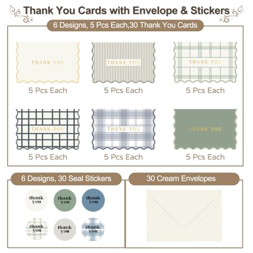 Thank You Cards Set of 30 With Envelopes and Stickers - Elegant Blank Cards | Personalized Notes - Bulk Stationary Set For All Occasions incl. Wedding, Baby Shower, Busines, Coworker Teacher Appreciation