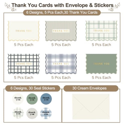 Thank You Cards Set of 30 With Envelopes and Stickers - Elegant Blank Cards | Personalized Notes - Bulk Stationary Set For All Occasions incl. Wedding, Baby Shower, Busines, Coworker Teacher Appreciation