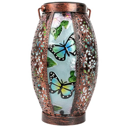 Hanging Solar Lantern Waterproof Garden Light Butterfly-New | Glass & Metal, Tabletop Light with Hollowed-Out Design for Garden Patio Table Decor, Gifts for Friends and Family - style: Butterfly-New