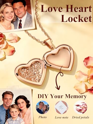 Custom4U Personalized Heart Locket Necklace with Pictures,Sunflower/Angel Wings/Heart Shaped Lockets Custom Photo,Gold/Rose Gold/White Lockets That Holds Picture,Customized Memorial Jewelry for Women - color: C-Heart-Rose Gold(Locket Only)