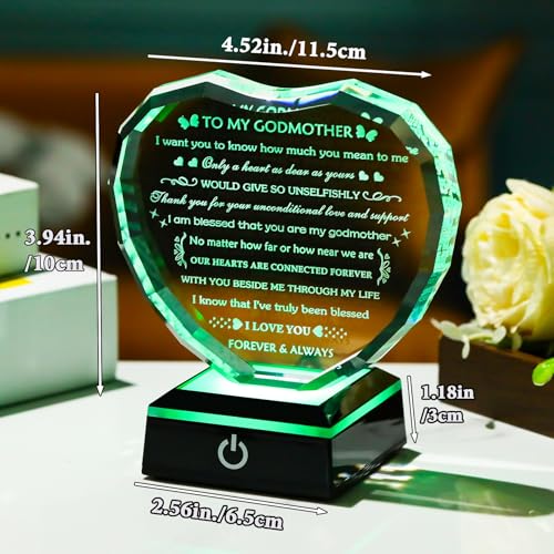 Arikyrist Godmother Gifts from Godchild with Colorful Light Base, Birthday Gift for Godmother Crystal Heart Keepsake, To My Godmothers Gifts from Goddaughter Godson on Mothers Day Christmas - style: Godmother Gifts + Light Base