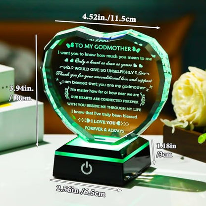 Arikyrist Godmother Gifts from Godchild with Colorful Light Base, Birthday Gift for Godmother Crystal Heart Keepsake, To My Godmothers Gifts from Goddaughter Godson on Mothers Day Christmas - style: Godmother Gifts + Light Base