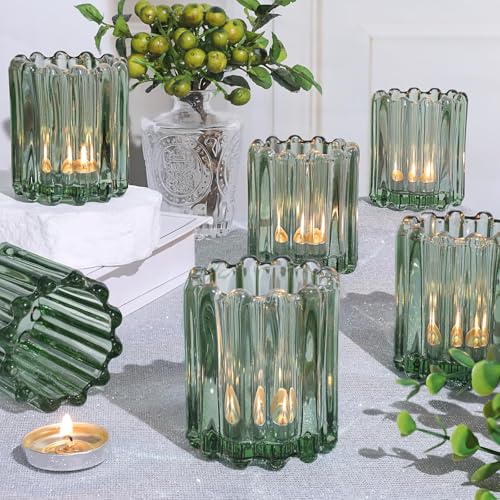 6 Pcs Votive Candle Holder, Green Glass Tea Light Candle Holders | Tealight Candle Holder for Wedding Centerpieces Dinner Party Table Decor - color: Green