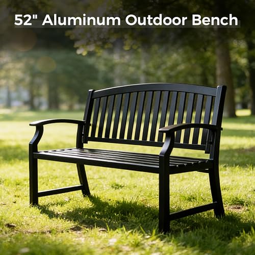 Grand patio 52" Farmhouse Outdoor Bench with Armrest, Black & Gold | Anti-rust Aluminum Frame, Faux Wood Grain Finish, for Front Porch, Yard, Park, Garden - color: Black & Gold