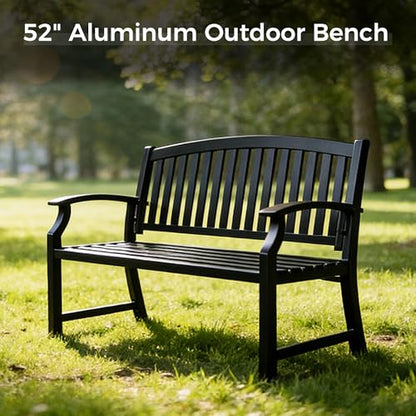 Grand patio 52" Farmhouse Outdoor Bench with Armrest, Black & Gold | Anti-rust Aluminum Frame, Faux Wood Grain Finish, for Front Porch, Yard, Park, Garden - color: Black & Gold