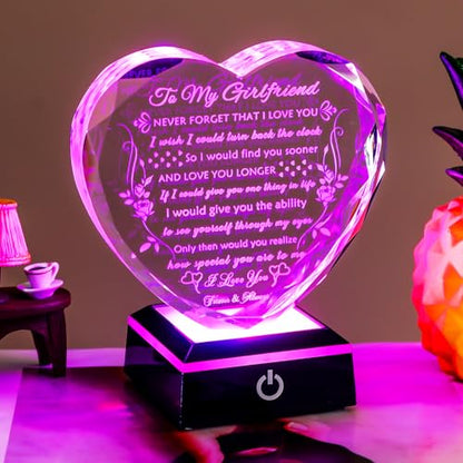 YWHL Gifts for Girlfriend, Anniversary Birthday Gifts for Girlfriend | To My Girlfriend Romantic Gifts from Boyfriend with LED Base Crystal Heart Keepsake Present for Her on Valentines Christmas - color: Girlfriend Gifts