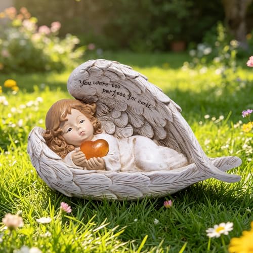 basen Solar Baby Memorial Garden Statue, Resin Angel Baby Grave Decor with Lighted Heart and Angel Wings, Outdoor Remembrance Figurine for Cemetery Yard Lawn Patio Sympathy Gift - color: Baby Angel With Light