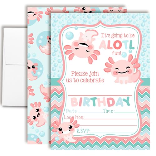 Amanda Creation Axolotl Birthday Invitations for Girls, 20 Pack 5x7 Fill-In Axolotl Party Invitations with White Envelopes, Cute Animal Party Cards, Made in USA - color: Axolotl Birthday Party