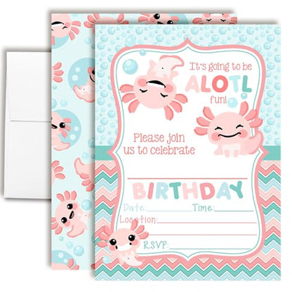 Amanda Creation Axolotl Birthday Invitations for Girls, 20 Pack 5x7 Fill-In Axolotl Party Invitations with White Envelopes, Cute Animal Party Cards, Made in USA - color: Axolotl Birthday Party
