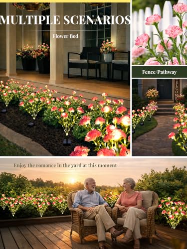 GIGALUMI 4 Pack Solar 28 Carnations Flowers Outdoor, 2 Modes, Pink - color: Pink, size: 4 PACK
