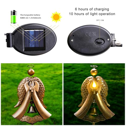 Homight Solar Garden Stake Light - Metal Angel Solar Warm Stake Light Memorial Gift - Outdoor Bronze Angel Bell Candle Prayer Metal Lamp - Waterproof Garden Lawn Patio Gift