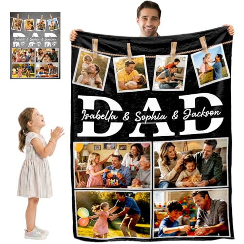 Custom Fathers Day Blanket Gifts, Personalized Dad Blanket Best Dad Ever Gift Birthday Decorations for Husband from Daughter Son Wife Black 8 Photos - color: Dad6