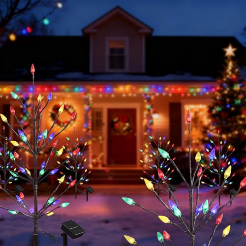 2 Packs Solar Holiday Lights, 80 LED Holiday Decorations Outdoor Solar Garden Lights, Waterproof Strawberry Pathway Lights for Decorating Yard Garden Patio Cemetery Grave - Xmas Gifts