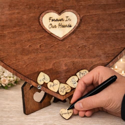 Wooden Heart Memorial Guest Book Alternative, Featuring-Forever in Our Hearts, Signing Hearts with Display Stand (135 Trinkets) - size: 135 Trinkets