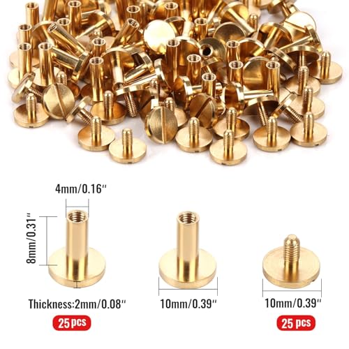 Brass Chicago Binding Screws -4mm x 8mm Binding Posts -10mm Phillips Nut -Chicago Screw Binding Post Screw Kit for DIY Leather Decoration Scrapbook Photo Albums Bookbinding (Brass, 25 PCS) - size: 4mm x 8mm