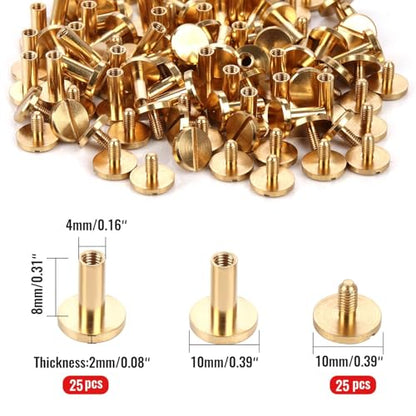 Brass Chicago Binding Screws -4mm x 8mm Binding Posts -10mm Phillips Nut -Chicago Screw Binding Post Screw Kit for DIY Leather Decoration Scrapbook Photo Albums Bookbinding (Brass, 25 PCS) - size: 4mm x 8mm
