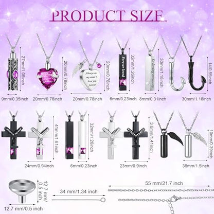Huquary 16 Pcs Urn Necklace for Ashes Waterproof Stainless Steel Carved Ashes Locket with 8 Filling Kit Heart Cylinder Cross Cubic Fish Hook Jewelry for Ashes with Wing Diamond for Men Women - color: Purple
