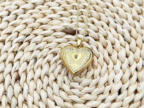 GOKING Love Heart Memory Locket Necklace Holds Pictures for Women - color: Letter W