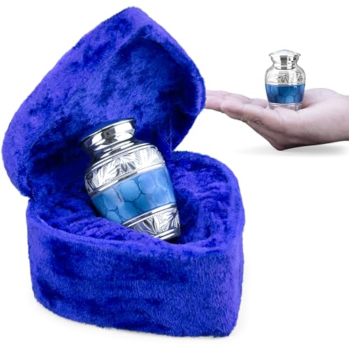 Small Keepsake Urn for Human Ashes, Mini 3 Inch Brass Urn, Dark Blue | Hand-engraved brass cremation keepsake in a velvet heart case; holds a small share of ashes for men, women, infants and pets - color: Blue