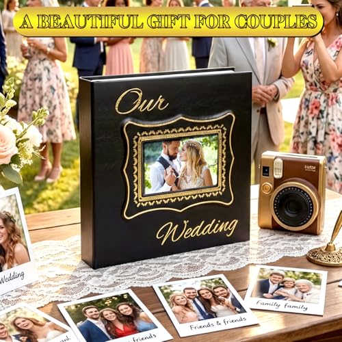 Dunzoom Memory Photo Album Holds 200 Pcs 4 x 6 Inch Leather Wedding Anniversary Family Photo Album with Front Window Double Heart Memory Scrapbook for Couple Gifts () - style: Black Our Wedding