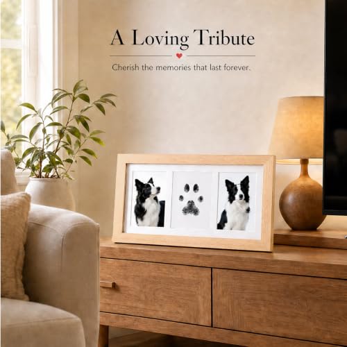 Pet Memorial Photo Frame, No-Mess Paw Print Ink Pad Kit for Dog Cat, Rustic Pet Loss Sympathy Keepsake, Cherish Furry Family Member Memory（Natural Wood） - color: natural wood