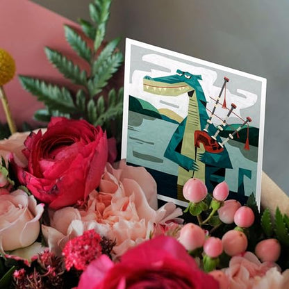 3dRose Funny Cool Loch Ness Monster Playing Bagpipes Music Abstract 1 Greeting Card with envelope - size: 5.5”