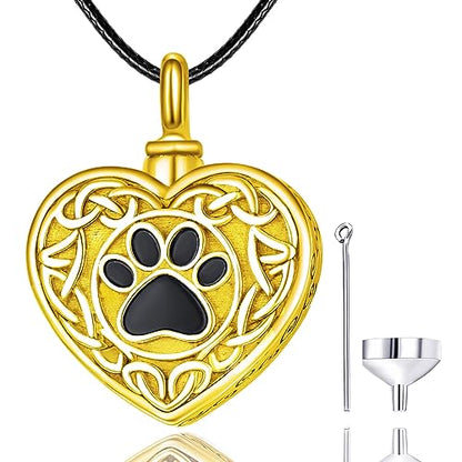 Dreamboat Pet Urn Necklace for Dog Cat Ashes 925 Sterling Silver Paw Print Cremation Keepsake Pendant Celtic Knot Memorial Jewelry Gifts for Women Men - style: 03C-Heart (Gold)