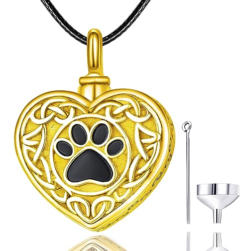 Dreamboat Pet Urn Necklace for Dog Cat Ashes 925 Sterling Silver Paw Print Cremation Keepsake Pendant Celtic Knot Memorial Jewelry Gifts for Women Men - style: 03C-Heart (Gold)