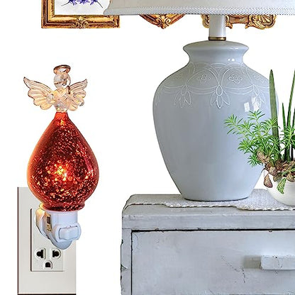 Angel Night Light – Praying Angel with Red Mercury Glass Dress, Gold Halo & Wings Accent, Plug-in Religious Nightlight for Bedroom, Nursery, Memorial Gift, Christmas Décor – 6.25 Inch