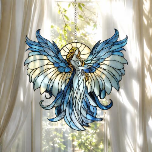 Guardian Angel Acrylic Suncatcher Size 5 inches, Stained Glass Effect Window Hanging Ornament, Garden Decor, Gift for Girlfriend Wife Women Teacher - color: Christian-guardian-angel, size: 5"