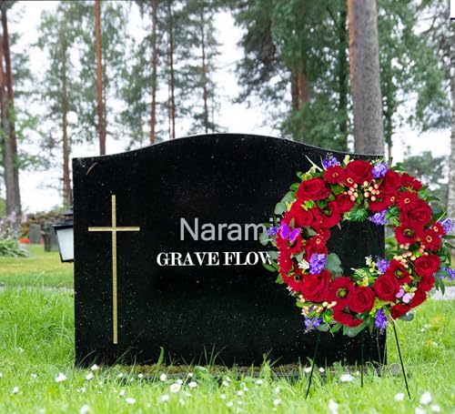 Cemetery Wreath for Grave, Red Roses Memorial Wreath with 30 Inch Easeal Stand, Fade-Resistant