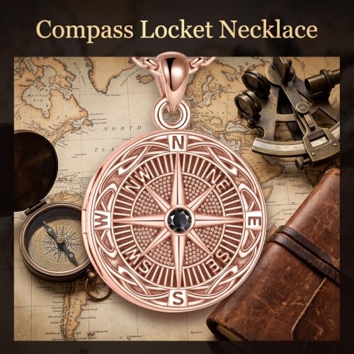 ONEFINITY Locket Necklace That Holds Picture Locket Memorial Pendant Jewelry Keepsake Gift for Men Women - color: rose gold-Compass