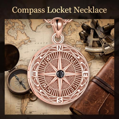 ONEFINITY Locket Necklace That Holds Picture Locket Memorial Pendant Jewelry Keepsake Gift for Men Women - color: rose gold-Compass