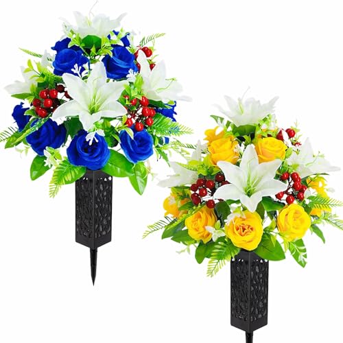 2 Sets Artificial Silk Cemetery Flowers, Blue & Yellow Flowers for Grave | Roses Lily Bouquet with Vases, Memorial Flowers for Gravesite, Memorial Day Mother's Day Grave Decorations - color: Blue, Yellow, White,