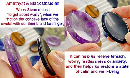 QINJIEJIE 2PCS Thumb Worry Stone for Anxiety Healing Crystals Pocket Hug - color: B-amethyst & Black Obsidian