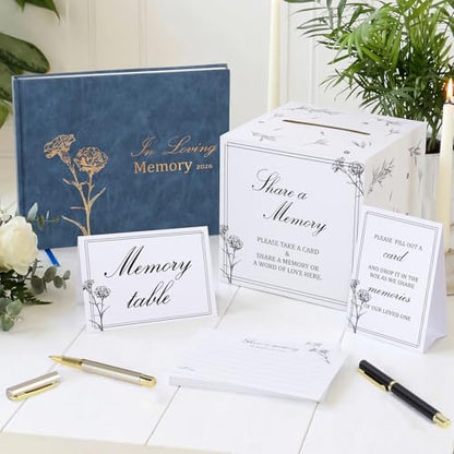Funeral Guest Book Set with 50 Memory Cards, Drop Box & Pen for Celebration | Complete Memorial Table Set – Includes guest book, 50 memory cards, card drop box, table sign, instruction card and 2 pens. - style: Book Kit