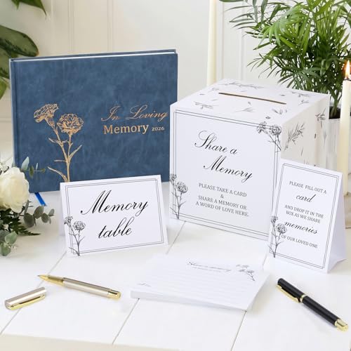 Funeral Guest Book Set with 50 Memory Cards, Drop Box & Pen for Celebration | Complete Memorial Table Set – Includes guest book, 50 memory cards, card drop box, table sign, instruction card and 2 pens. - style: Book Kit