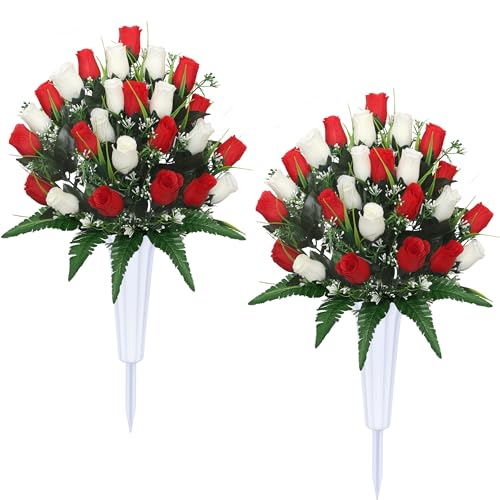 Cemetery Flowers for Grave Artificial Cemetery Flowers with Vases 2 Sets Memorial Rose Bouquets for Outdoor Grave Decorations(Red White) - color: Red White