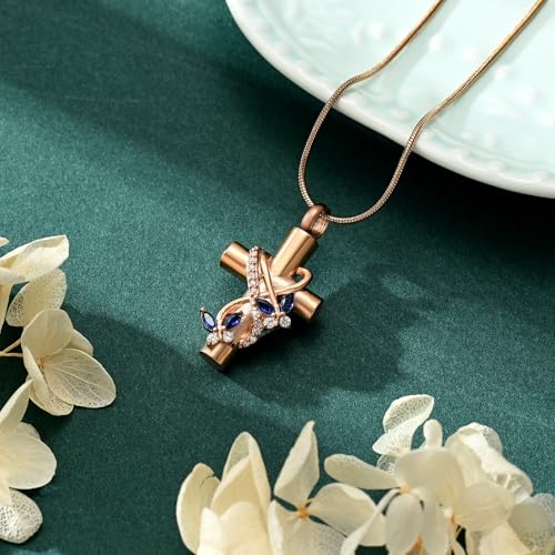 Butterfly Cross Cremation Jewelry Urn Necklaces Stainless Steel Cross Urn Necklaces for Ashes Memorial Keepsake Pendant for Women Gifts With Funnel Kit & Bag - color: Rose+Blue