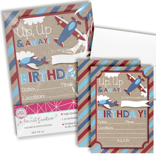 Up & Away Airplane Themed Birthday Party Invitations, 20 5x7 Fill In Cards with Twenty White Envelopes by AmandaCreation - style: Up & Away Airplane