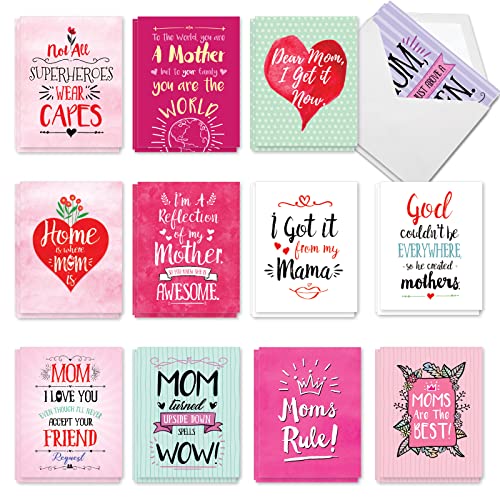 The Best Card Company 36 Assorted Mother's Day Notecards Bulk Box Set 4 x 5.12 Inch w/Envelopes (12 Designs, 3 Each) Greeting Card Pack for Daughter, Girlfriends - Mom Notes AM3138MDG-B3x12 - style: Mom Notes