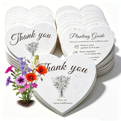 100 Pcs Plantable Seed Paper Hearts with Wildflower Seeds, Growable Thank You Cards for Bridal Showers, Weddings, Holidays & Small Business - color: 100 pcs