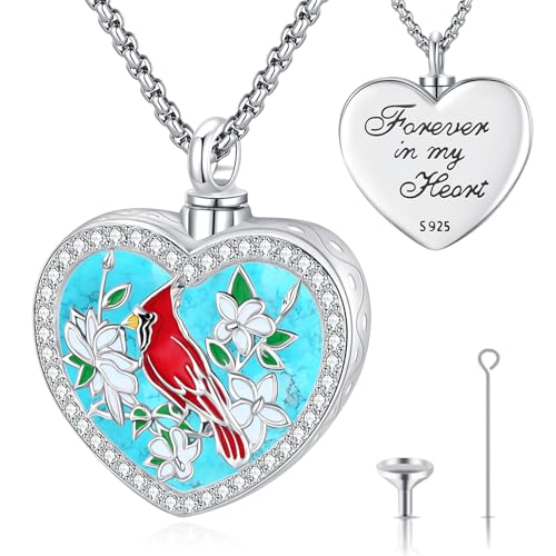 Eusense Cremation Jewelry for Ashes Urn Necklace to Put Ashes In 925 Sterling Silver Memorial Pendant Heart Urn Necklaces for Ashes Necklace for Women Men - style: G-Red Cardinal Urn Necklace-Turquoise
