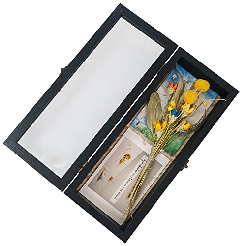 GraduatePro Shadow Box Frame 5x12.5 Display Case with Linen Back, Real Glass Window Door with Hinge, Picture Frame Wedding Bouquet Memorabilia Medals Photos Memory Box for Keepsakes, Rustic Black | Hinged Front Open Door with Tempered Glass, Linen Back wi